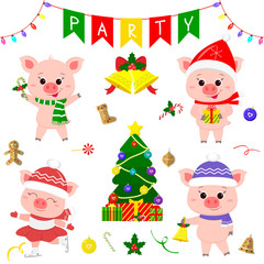 Happy New Year and Merry Christmas. A set of four cute pigs in different costumes. Christmas tree, gifts and other party items. The symbol of the new year in the Chinese calendar. 2019. Vector