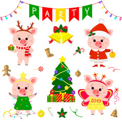Happy New Year and Merry Christmas. A set of four cute pigs in different costumes. Christmas tree, gifts and other party items. The symbol of the new year in the Chinese calendar. 2019. Vector