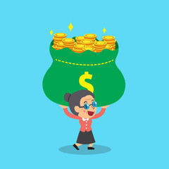 Vector cartoon senior woman carrying big money bag for design.