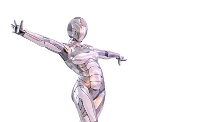Playful female robot outstretched arms. Android, humanoid or cyborg artificial intelligence technology, robotic tech industry 4.0 concept. 3D illustration