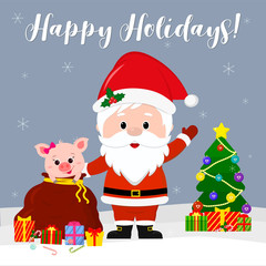 Fototapeta na wymiar Happy New Year and Christmas Card. Cute Santa Claus holds a red bag with a cute pig, a Christmas tree and a gift in the winter against the background of snowflakes. Cartoon style, vector