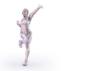 Playful female robot outstretched arms. Android, humanoid or cyborg artificial intelligence technology concept. 3D illustration