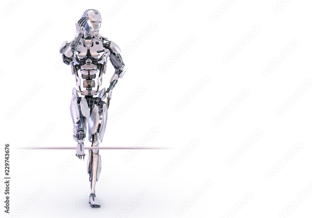 Aufkleber robot talking on smart phone. android, humanoid or cyborg artificial intelligence technology concept