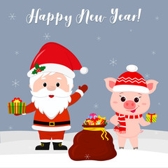 Happy New Year and  Christmas  card. Cute Santa Claus and a cute pig in a Santa hat with a lollipop. Red bag with a gift in the winter on the background of snowflakes. Cartoon style, vector