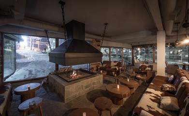 Restaurant interior decorated with cowhide, view from above
