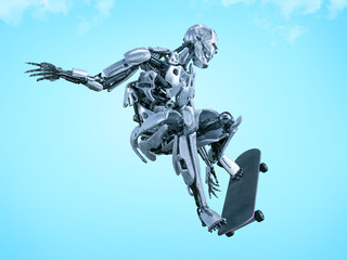 A robot skateboarder doing a skateboarder ollie trick. Active life concept. 3D illustration © Corona Borealis