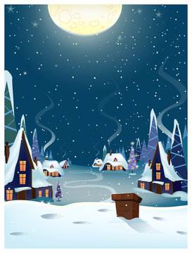 Winter village with houses vector illustration. Countryside houses with illuminated windows and steam from chimneys. Christmas night illustration