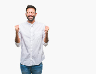 Fototapeta premium Adult hispanic man over isolated background excited for success with arms raised celebrating victory smiling. Winner concept.