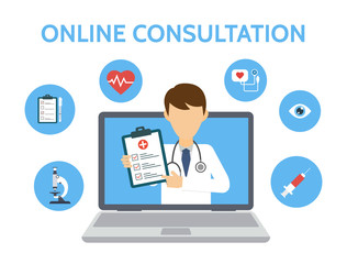 Fototapeta na wymiar Online medical consultation and support. Doctor online. Internet health service concept. Banner with doctor and medical tests. Online doctor diagnosis. Vector illustration