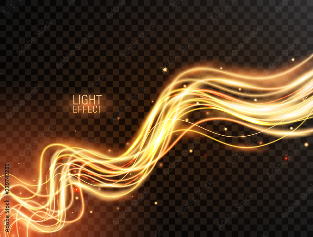 Wall mural magic light. gold wavy dynamic lines with sparkles on transparent background. futuristic waves in sp