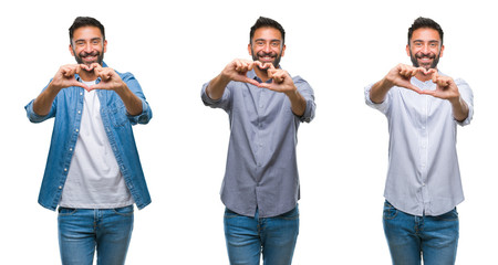 Collage of handsome young indian man over isolated background smiling in love showing heart symbol and shape with hands. Romantic concept.