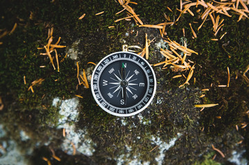 Magnetic compass with a black dial on a wild stone covered with green moss. The concept of finding the way and navigation © yanik88