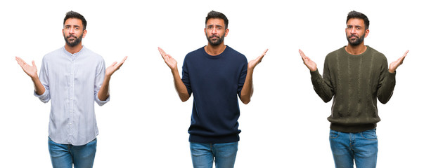 Collage of handsome young indian man over isolated background clueless and confused expression with...