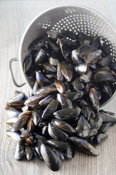 Fresh mussels and a colander on a wooden table
