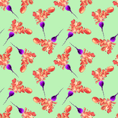 Watercolor Vegan Pattern. Seamless Hand Drawn  Vegetables. Healthy Food Print. Gardening Background. Greenery Repeatable Design for Menu, Restaurant, Salat Bar, Farmers Market. Redish. Vegetarian.