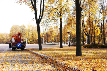 Cleaning machine cleaning fallen leaves in a park in a sunny day
