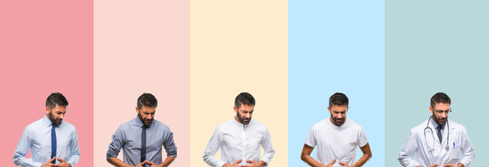Collage of handsome man over colorful stripes isolated background with hand on stomach because...