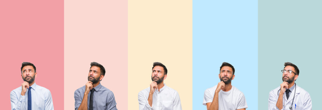 Collage of handsome man over colorful stripes isolated background with hand on chin thinking about question, pensive expression. Smiling with thoughtful face. Doubt concept.