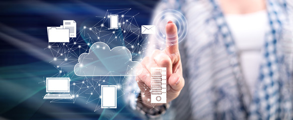Woman touching a cloud computing concept