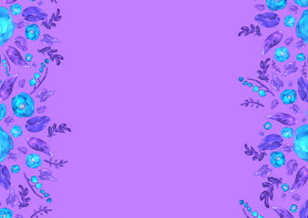 Painted watercolor composition with flowers and leaves. Frame of roses. Floral border. Can be used as invitation card for wedding, birthday, other holiday, summer background, poster, banner.