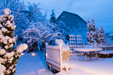 Garden and patio after snowfall at night.