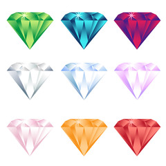 Colorful cartoon diamonds icons realistic vector set