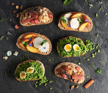 Overhead view of various open sandwiches