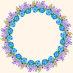 Floral round frame from cute petunia flowers. Greeting card template. Design artwork for the poster, tee shirt, pillow, home decor. Summer flowers with green leaves.