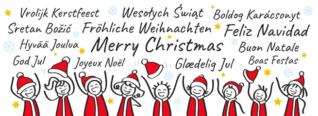 Jubelnde Strichm&auml;nnchen in Nikolauskost&uuml;men, Banner, Weihnachtsgru&szlig;, Fr&ouml;hliche Weihnachten in verschiedenen Sprachen