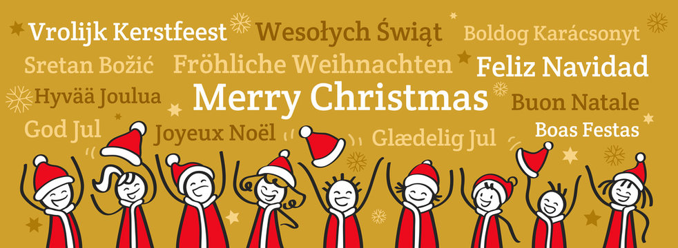 Jubelnde Strichmännchen in Nikolauskostümen, Banner, Weihnachtsgruß, Fröhliche Weihnachten in verschiedenen Sprachen