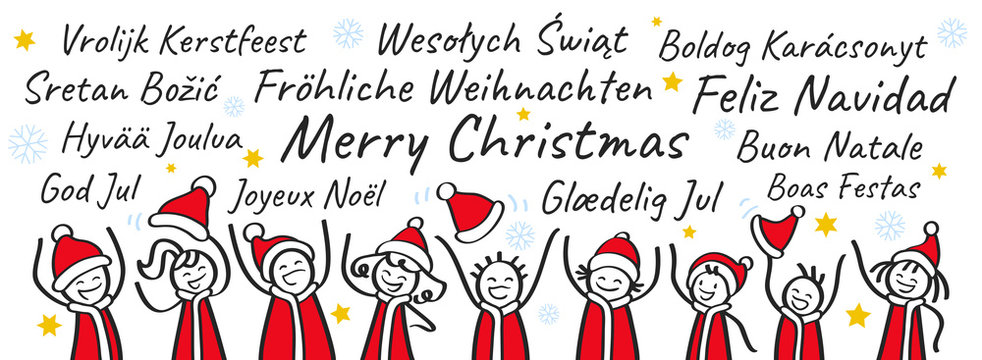 Jubelnde Strichmännchen in Nikolauskostümen, Banner, Weihnachtsgruß, Fröhliche Weihnachten in verschiedenen Sprachen