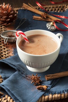 A white cup of hot chocolate with a candy cane in it, surrounded by Christmas spices
