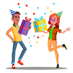 Happy Teenager In Party Cap With Gifts In Hands Vector. Isolated Illustration