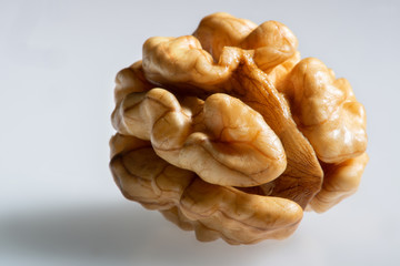 Frucht der Walnuss ohne Schale auf hellem Untergrund, close up