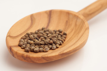 Hemp seeds on wooden spoon
