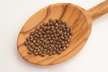 Hemp seeds on wooden spoon