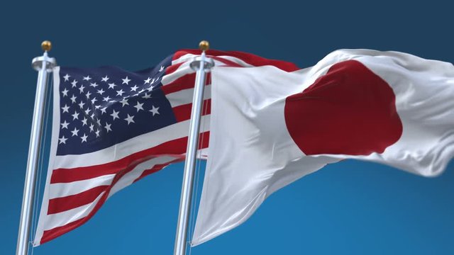 4k Seamless United States of America And japan Flags with blue sky background,A fully digital rendering,The flag 3D animation loops at 20 seconds,USA JP.