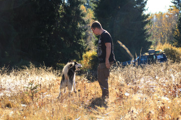 The man in black t-shirt play with funny husky in field. Ukrainian Carpathians in autumn time. Warm colored green leaves.Forests and mountains view. Travel with dog.