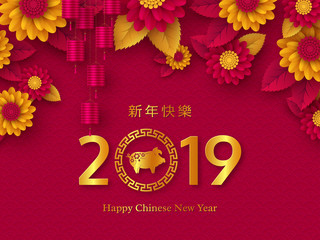 Chinese New Year holiday design. 2019 Zodiac sign with golden pig, frame, flowers and lanterns. Pink traditional background. Chinese translation Happy New Year. Vector illustration.