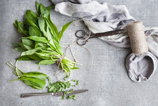 Overhead view of garlic leaves with twine and scissors