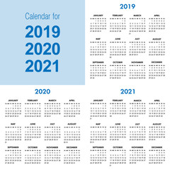 Vector calendar for 2019 2020 2021 year. Week starts sunday