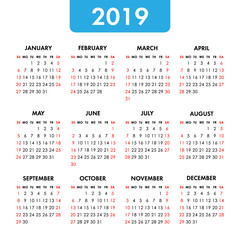 Calendar 2019 year on a white background. Week starts sunday