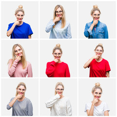 Obraz premium Collage of young beautiful blonde woman over white isolated background looking confident at the camera with smile with crossed arms and hand raised on chin. Thinking positive.