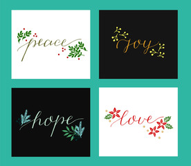 Collection with 4 Holiday cards made hand lettering Love, hope, peace, joy.