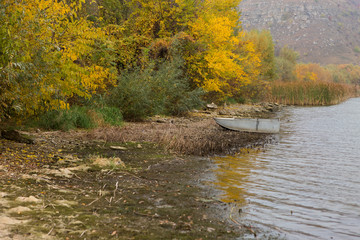 Beautiful autumn landscape with a river in the early morning, The Dniester river in Moldova near the village of Tipovo