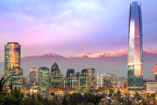 Skyline of Santiago de Chile at Las Condes and Providencia districts with The Andes mountain range in the back