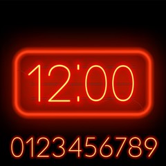 Template clock on a dark background. Bright neon numbers.