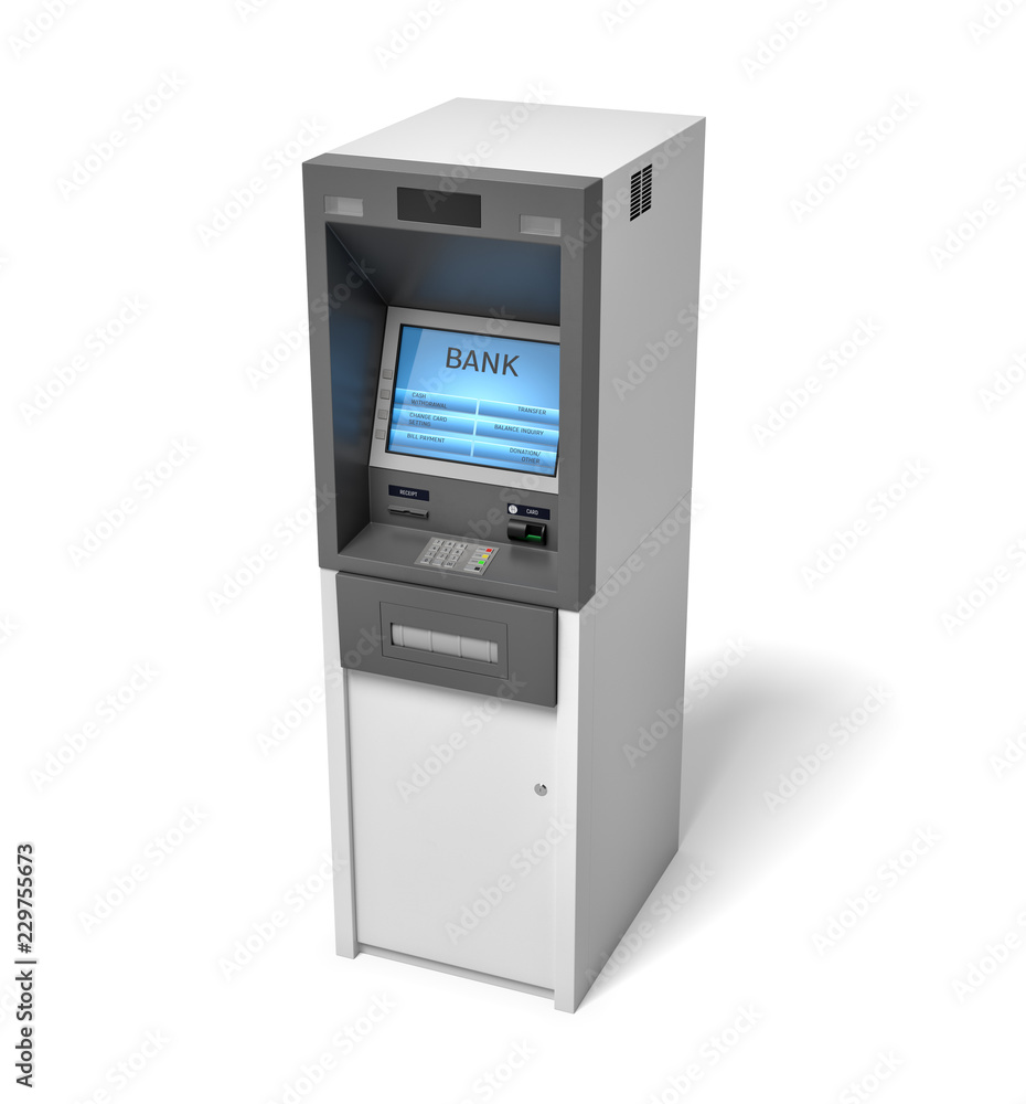 Poster 3d rendering of an isolated bank atm machine with a lit blue screen on white background.