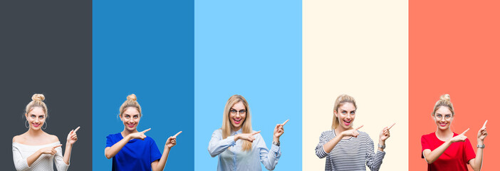 Fototapeta premium Collage of young beautiful blonde woman over vivid colorful vintage stripes isolated background smiling and looking at the camera pointing with two hands and fingers to the side.