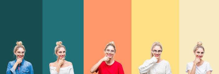 Collage of young beautiful blonde woman over vivid colorful vintage stripes isolated background looking confident at the camera with smile with crossed arms and hand raised on chin. Thinking positive.